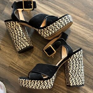 Coach Black Suede Platform Sandals with Woven Rope Heel